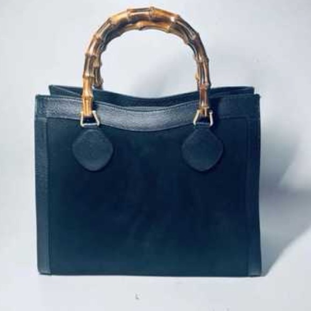 Vintage GUCCI DIANA Black Suede Bamboo Top Handle Satchel Hand Tote Bag